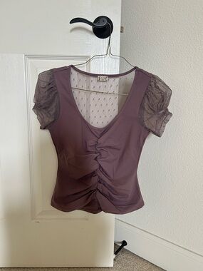 Free People Mauve Ruched Front Top with Sheer Puff Sleeves